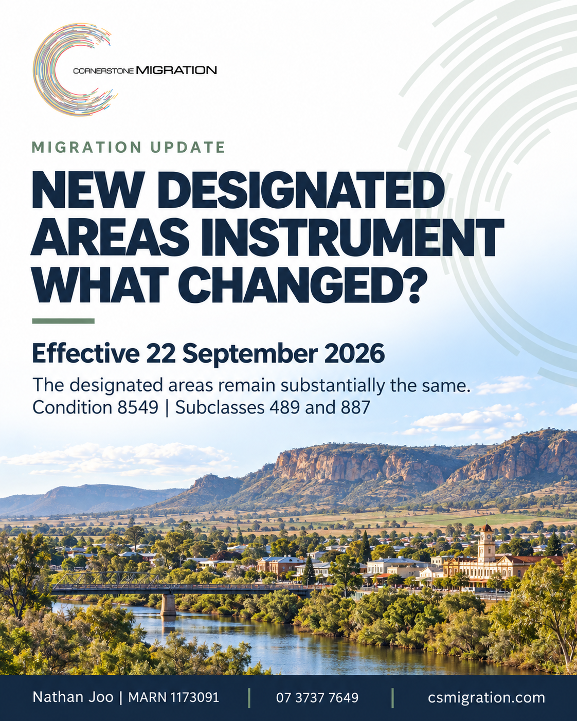 Australian regional town representing designated migration areas under the 2026 instrument