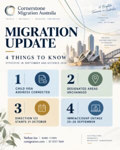 Australian migration updates September 2026: Child visas, condition 8549, Direction 123 and ImmiAccount outage