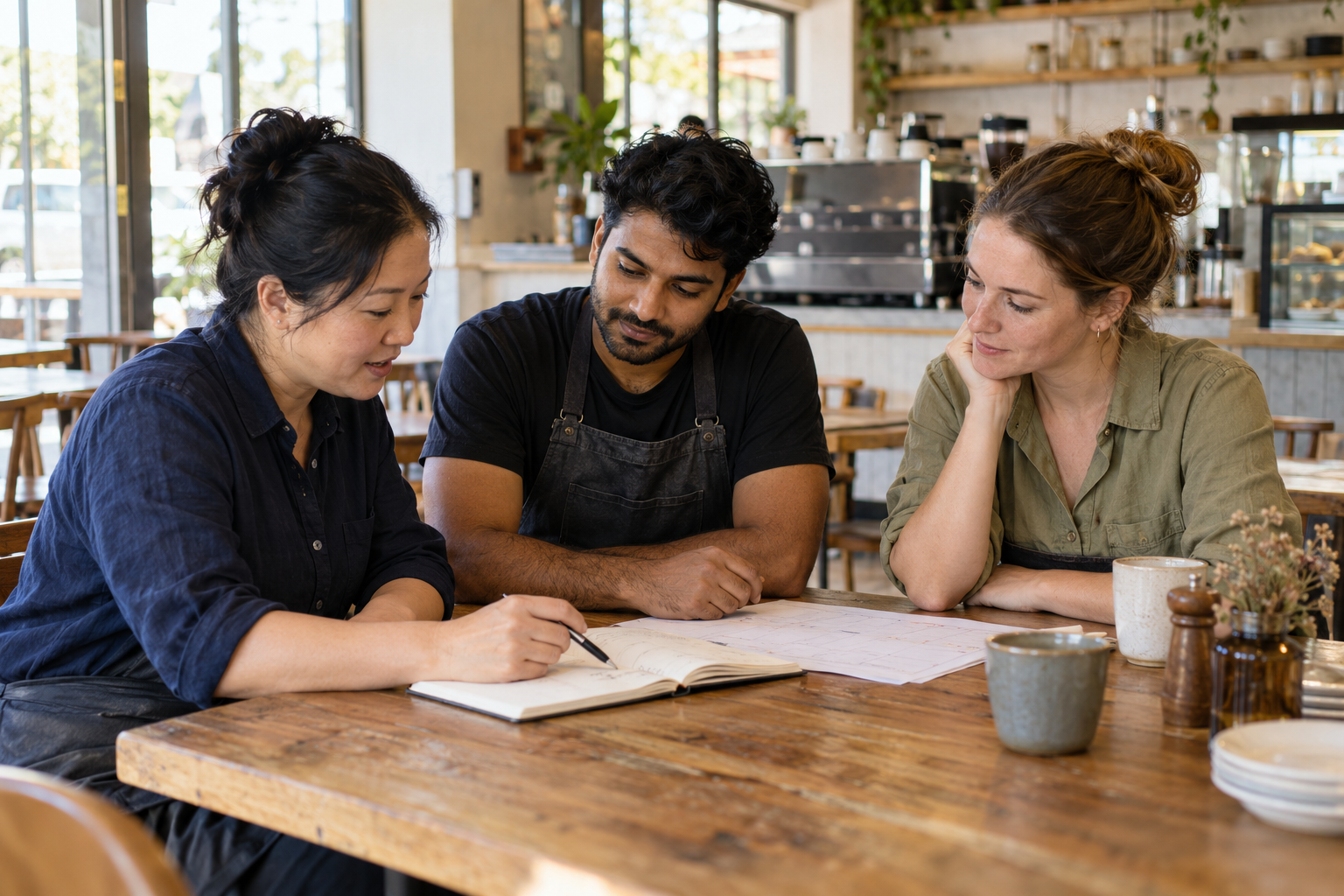 AI-generated illustration of a small-business owner, employee and adviser discussing sponsorship planning at a café table.